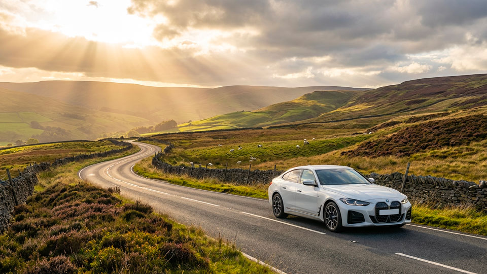 White BMW i4 Gran Coupe electric car driving through the Yorkshire Dales at sunset