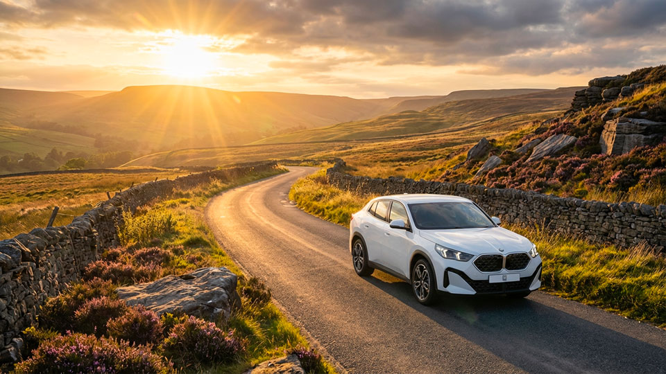 White BMW X2 SUV on a Yorkshire Dales road lined with dry stone walls