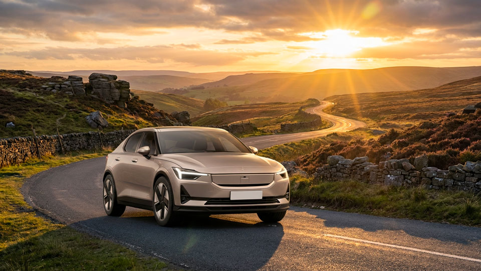 Polestar 2 electric fastback driving through the Yorkshire Dales at sunset